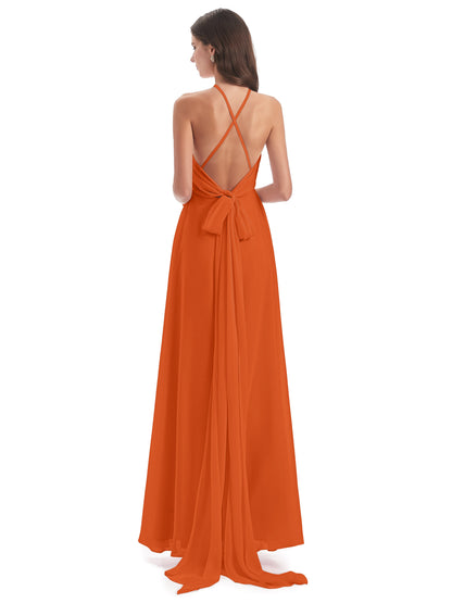 Samira Sheath Floor Length Halter Split Chiffon Bridesmaid Dresses