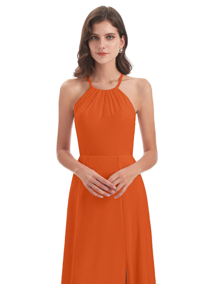 Samira Sheath Floor Length Halter Split Chiffon Bridesmaid Dresses