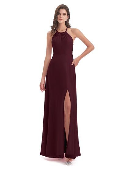 Samira Sheath Floor Length Halter Split Chiffon Bridesmaid Dresses