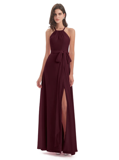 Samira Sheath Floor Length Halter Split Chiffon Bridesmaid Dresses