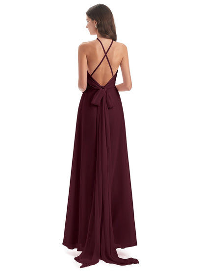 Samira Sheath Floor Length Halter Split Chiffon Bridesmaid Dresses