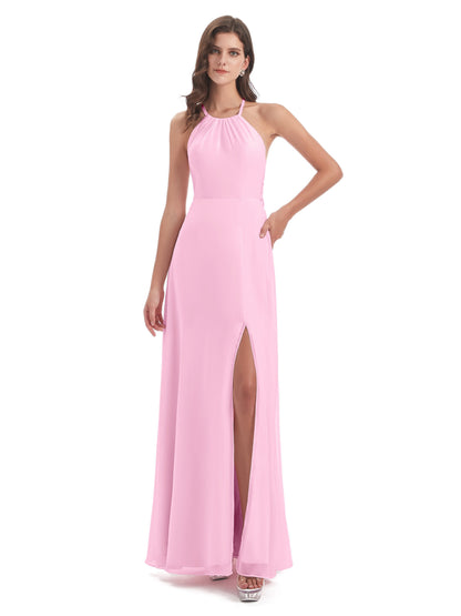 Samira Sheath Floor Length Halter Split Chiffon Bridesmaid Dresses