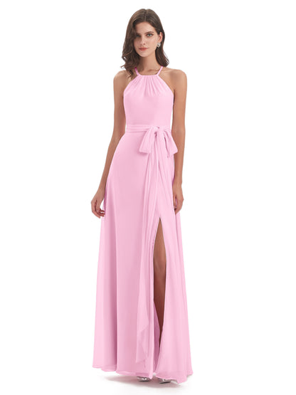Samira Sheath Floor Length Halter Split Chiffon Bridesmaid Dresses