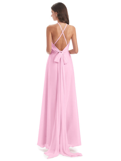 Samira Sheath Floor Length Halter Split Chiffon Bridesmaid Dresses