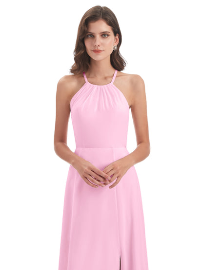 Samira Sheath Floor Length Halter Split Chiffon Bridesmaid Dresses