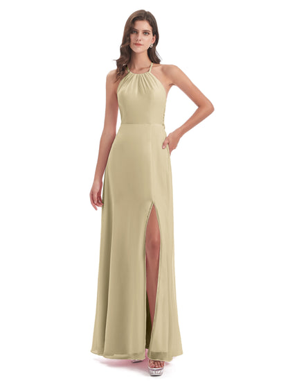 Samira Sheath Floor Length Halter Split Chiffon Bridesmaid Dresses