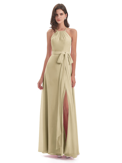 Samira Sheath Floor Length Halter Split Chiffon Bridesmaid Dresses