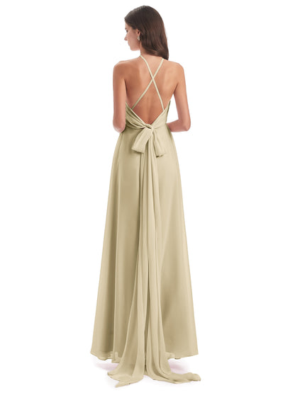 Samira Sheath Floor Length Halter Split Chiffon Bridesmaid Dresses