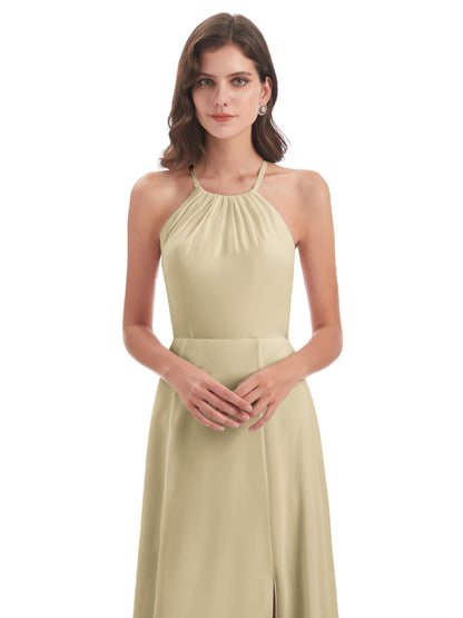 Samira Sheath Floor Length Halter Split Chiffon Bridesmaid Dresses