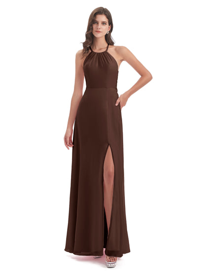 Samira Sheath Floor Length Halter Split Chiffon Bridesmaid Dresses