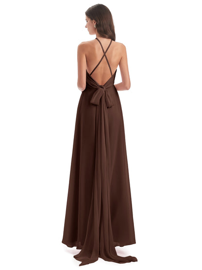 Samira Sheath Floor Length Halter Split Chiffon Bridesmaid Dresses