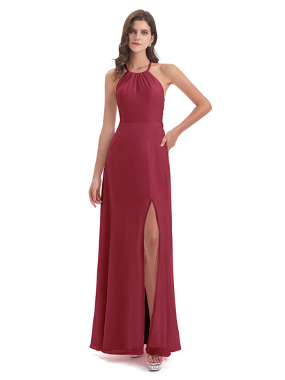 Samira Sheath Floor Length Halter Split Chiffon Bridesmaid Dresses