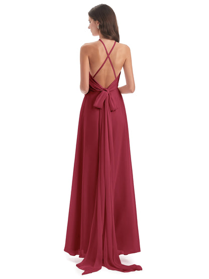 Samira Sheath Floor Length Halter Split Chiffon Bridesmaid Dresses