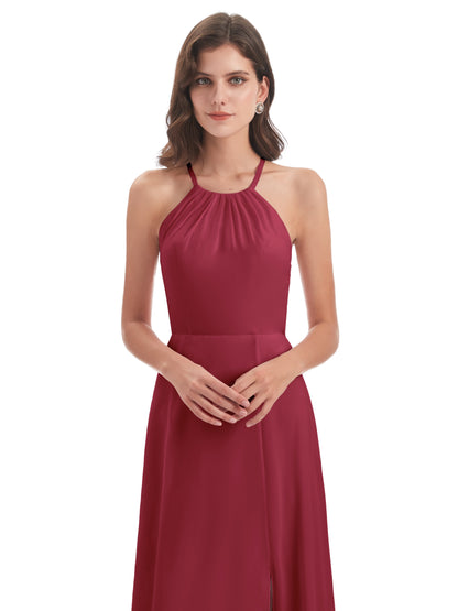 Samira Sheath Floor Length Halter Split Chiffon Bridesmaid Dresses