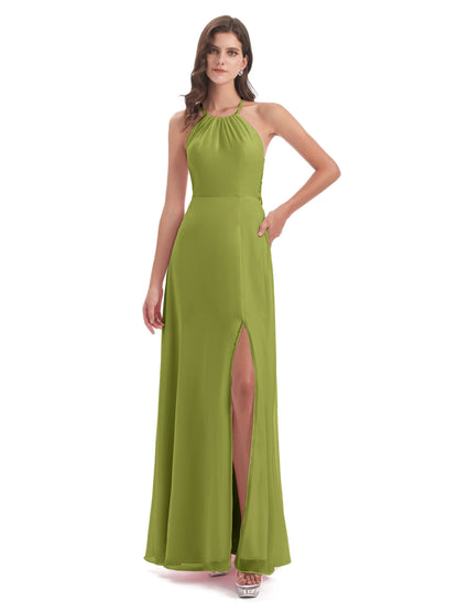Samira Sheath Floor Length Halter Split Chiffon Bridesmaid Dresses
