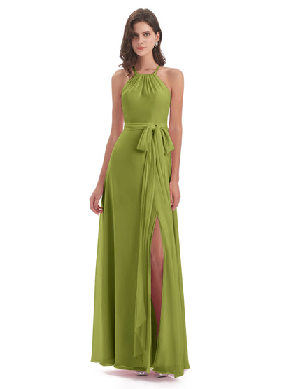 Samira Sheath Floor Length Halter Split Chiffon Bridesmaid Dresses