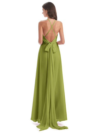 Samira Sheath Floor Length Halter Split Chiffon Bridesmaid Dresses