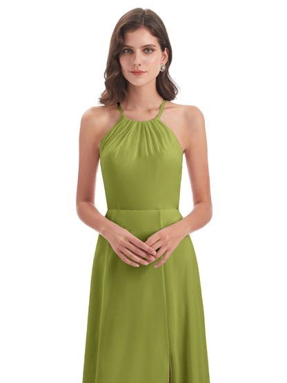 Samira Sheath Floor Length Halter Split Chiffon Bridesmaid Dresses