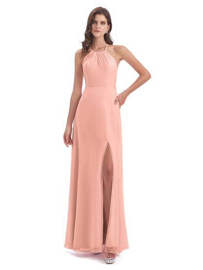 Samira Sheath Floor Length Halter Split Chiffon Bridesmaid Dresses