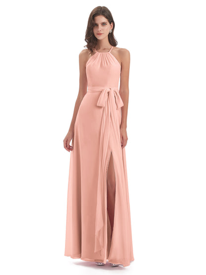 Samira Sheath Floor Length Halter Split Chiffon Bridesmaid Dresses