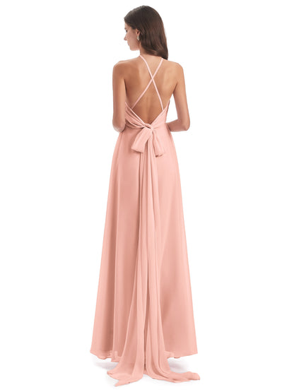 Samira Sheath Floor Length Halter Split Chiffon Bridesmaid Dresses