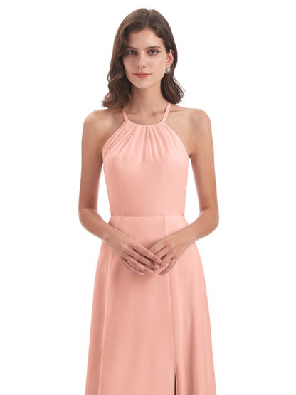 Samira Sheath Floor Length Halter Split Chiffon Bridesmaid Dresses