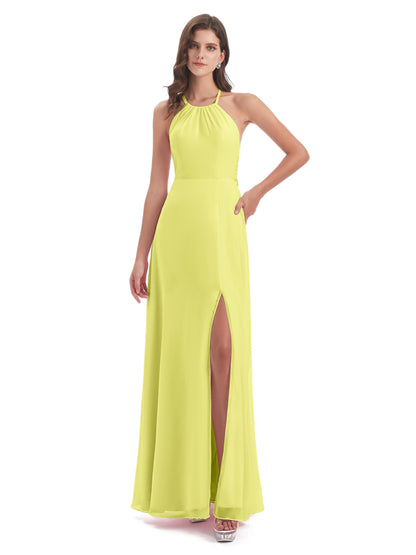 Samira Sheath Floor Length Halter Split Chiffon Bridesmaid Dresses