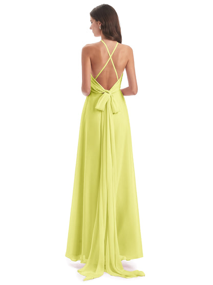 Samira Sheath Floor Length Halter Split Chiffon Bridesmaid Dresses