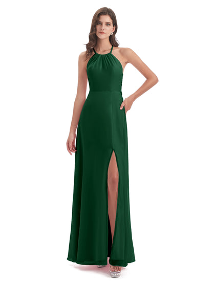 Samira Sheath Floor Length Halter Split Chiffon Bridesmaid Dresses