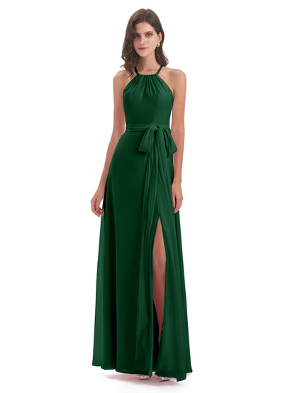 Samira Sheath Floor Length Halter Split Chiffon Bridesmaid Dresses