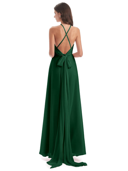 Samira Sheath Floor Length Halter Split Chiffon Bridesmaid Dresses