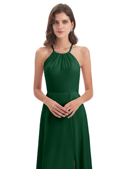 Samira Sheath Floor Length Halter Split Chiffon Bridesmaid Dresses