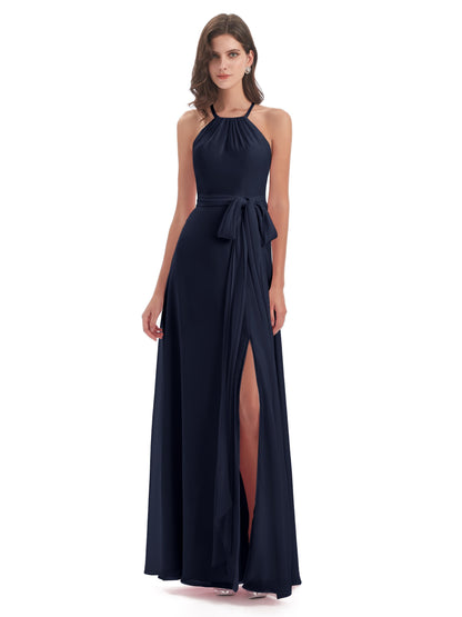 Samira Sheath Floor Length Halter Split Chiffon Bridesmaid Dresses