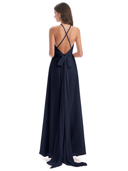 Samira Sheath Floor Length Halter Split Chiffon Bridesmaid Dresses