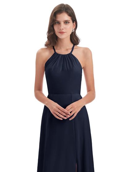 Samira Sheath Floor Length Halter Split Chiffon Bridesmaid Dresses