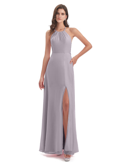 Samira Sheath Floor Length Halter Split Chiffon Bridesmaid Dresses