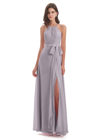 Samira Sheath Floor Length Halter Split Chiffon Bridesmaid Dresses