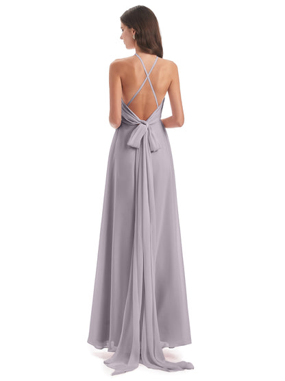 Samira Sheath Floor Length Halter Split Chiffon Bridesmaid Dresses