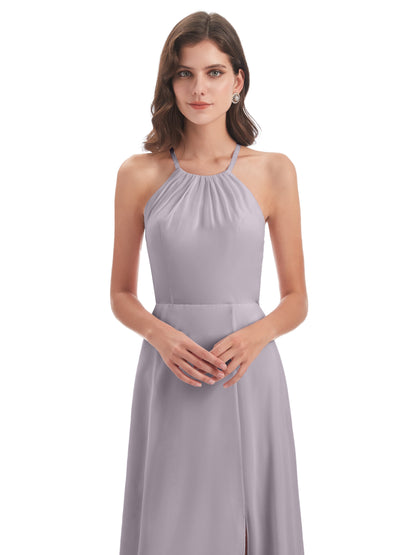 Samira Sheath Floor Length Halter Split Chiffon Bridesmaid Dresses