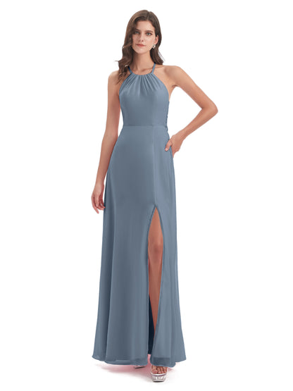 Samira Sheath Floor Length Halter Split Chiffon Bridesmaid Dresses