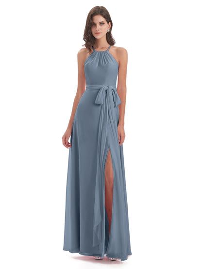 Samira Sheath Floor Length Halter Split Chiffon Bridesmaid Dresses
