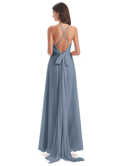 Samira Sheath Floor Length Halter Split Chiffon Bridesmaid Dresses