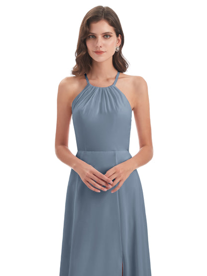 Samira Sheath Floor Length Halter Split Chiffon Bridesmaid Dresses