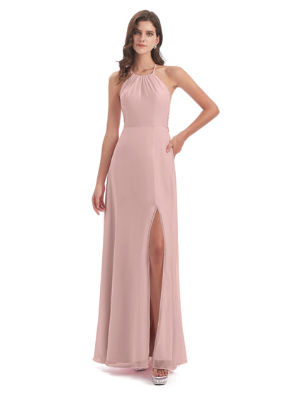 Samira Sheath Floor Length Halter Split Chiffon Bridesmaid Dresses