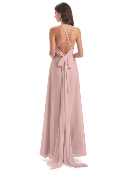 Samira Sheath Floor Length Halter Split Chiffon Bridesmaid Dresses