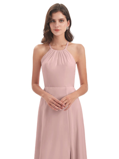 Samira Sheath Floor Length Halter Split Chiffon Bridesmaid Dresses