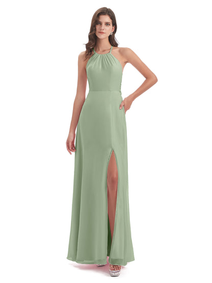Samira Sheath Floor Length Halter Split Chiffon Bridesmaid Dresses