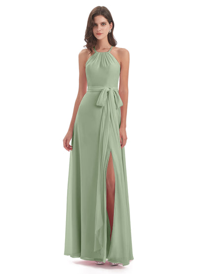 Samira Sheath Floor Length Halter Split Chiffon Bridesmaid Dresses