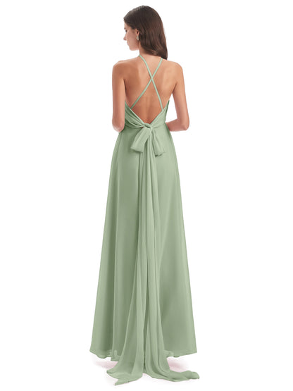 Samira Sheath Floor Length Halter Split Chiffon Bridesmaid Dresses