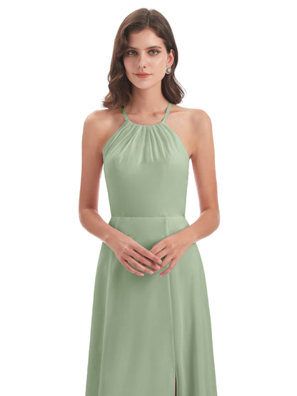 Samira Sheath Floor Length Halter Split Chiffon Bridesmaid Dresses
